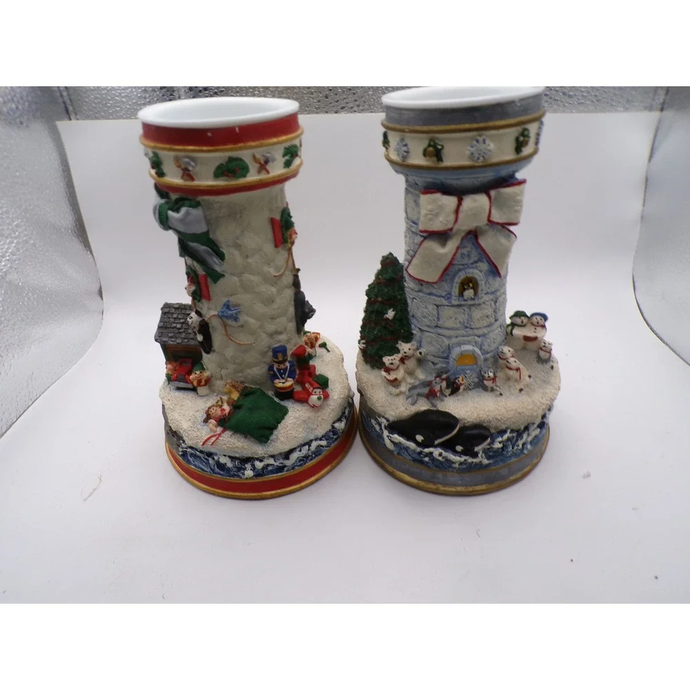 Cheryl Spencer Collin Christmas Lighthouse‎ Candlestick Holders The Danbury Mint